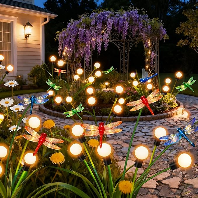 Solar Garden Lights Outdoor - 8 Pack Dragonfly Solar Swaying Light, Sway by Wind, Firefly Lights Outdoor Yard Patio Pathway Decoration, Big Bulb, High Flexibility Iron Wire & Realistic Dragonflies yulloyello