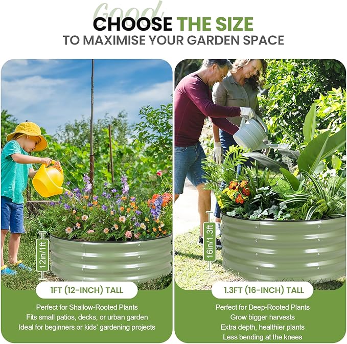 G GOOD GAIN Round Raised Garden Bed - 1Pcs 3x3x1.4ft Galvanized Steel Planter Boxes Outdoor with Rubber Edge Trim | Metal Raised Beds for Gardening Vegetables Flowers Fruits Herbs (Olive Green) GGOODGAIN