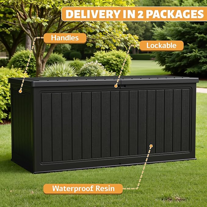 Flamaker Resin Deck Box 270 Gallon, Waterproof Imitation-Wood Lockable Storage Box with Separator Plate Outdoor Indoor, Garden, Patio Furniture for Tools&Pool Accessories (Black) Flamaker