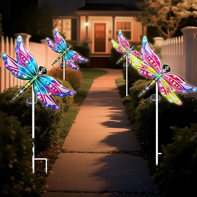 Hexagram Dragonfly Garden Decor, Dragonfly Garden Stakes Set of 2, Gardening Gifts Solar Stake Lights Decorations, Light for Patio Yard Lawn Home Pathway Decor Hexagram