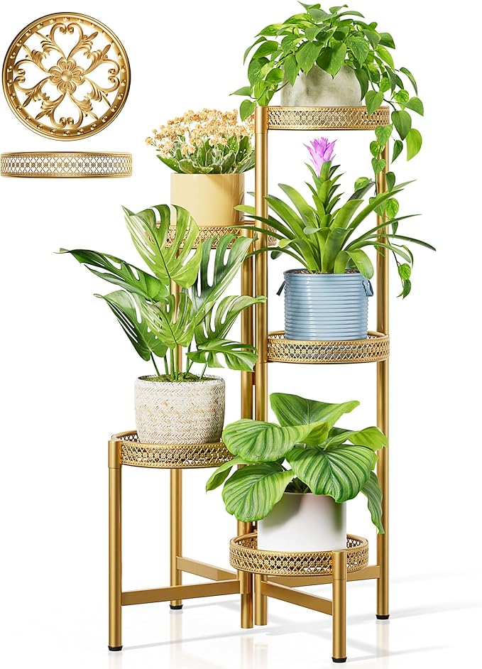 Tall Plant Stand Indoor Outdoor, Corner Metal Flower Pot Stands for Multiple Plants, 5 Tier Heavy Duty Plant Shelf for Patio Garden Balcony Living Room Bedroom - GoldWave Rootora