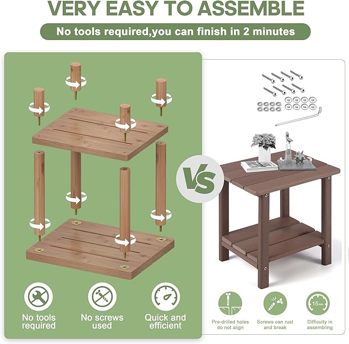 Outdoor Side Table, 2-Tier Small Outdoor Table for Patio, Adirondack Side Tables for Outside or Indoor, Bamboo End Table for Pool, Porch, Weather Resistant Easy Maintenance LEJANEOYE