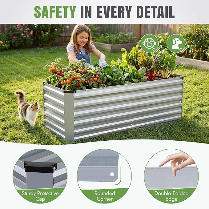 INNO STAGE 4x2x2ft Galvanized Raised Garden Bed, Raised Garden Bed Kit-Metal Planter Box Outdoor, Planting for Vegetables, Fruits, Herbs, Flowers, Silver INNOSTAGE