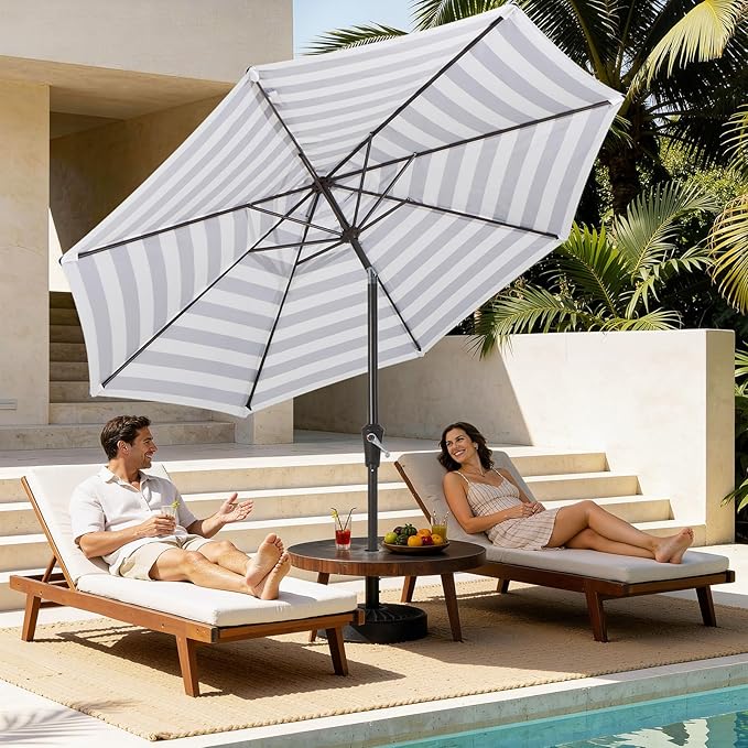 MEWAY 9ft Patio Umbrella Outdoor Table Umbrellas with Push Button Tilt and Crank, Market Umbrella 8 Sturdy Ribs for Deck, Garden, Pool and Backyard, Black-white-striped MEWAY