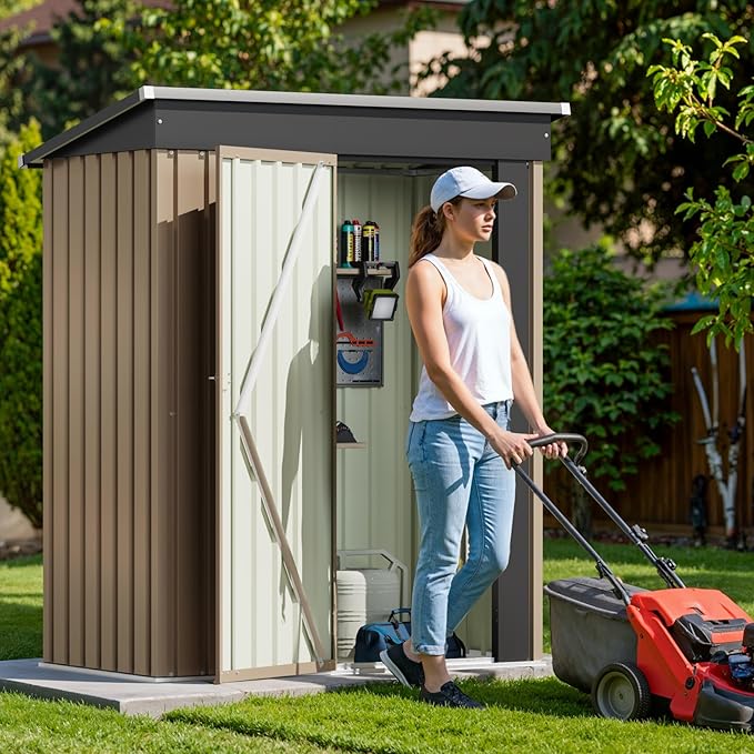 Devoko Outdoor Storage Shed 5 x 3 FT Lockable Metal Garden Shed Steel Anti-Corrosion Storage House with Single Lockable Door for Backyard Outdoor Patio (Brown) DEVOKO