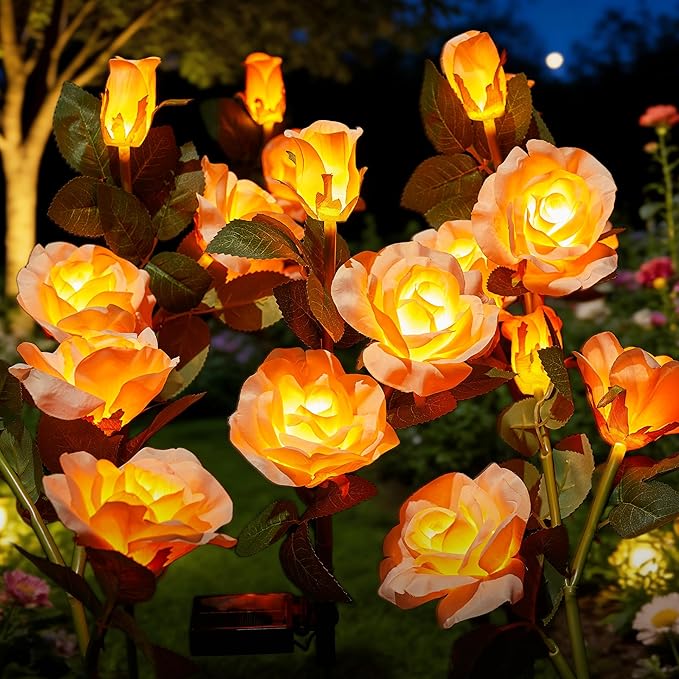 Brightown Outdoor Solar Flower Lights, 4 Pack Solar Garden Light with Larger & More Realistic Champagne Rose, Bigger Solar Panel, Waterproof Solar Lights Outdoor for Yard Garden Lawn Pathway Decor Brightown
