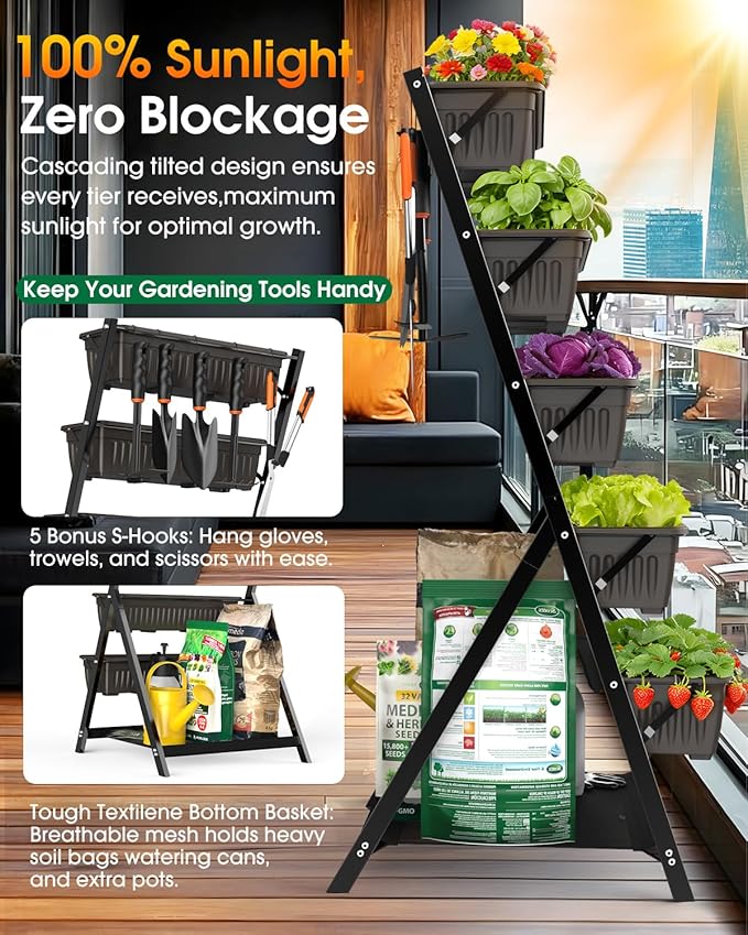 5-Tier Vertical Garden Bed Planter Boxes with Drainage System & Storage Space, Freestanding Vertical Garden Planter with 5 S-Hooks for Plants Vegetables Flowers Herbs in Garden Patio Yard Rootora