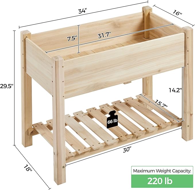 Yaheetech 34x18x30in Horticulture Raised Garden Bed 2pcs Planter Box with Legs & Storage Shelf Wooden Elevated Vegetable Growing Bed for Flower/Herb/Patio/Balcony, Natural Wood Yaheetech