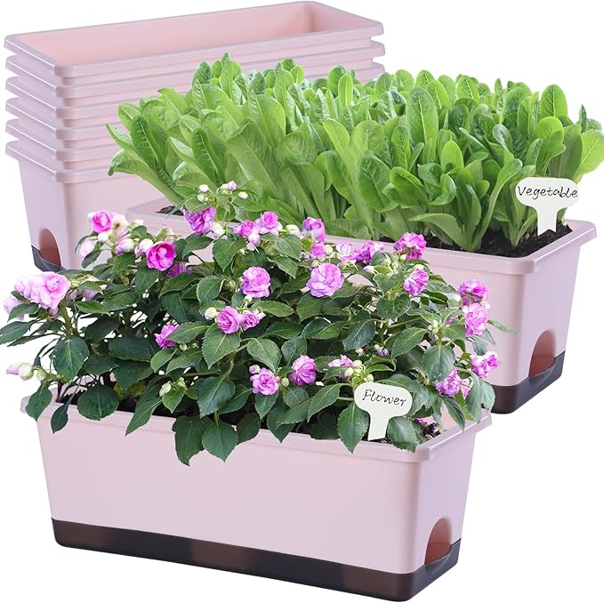 Window Box Planter 8 Pcs, 17 Inches Rectangle Flower Pots with Drainage Holes & Trays, Vegetable Planters for Windowsill Patio Garden Balcony Home Indoor Outdoor (Pink, 16 * 7 * 6 inch) Oliz
