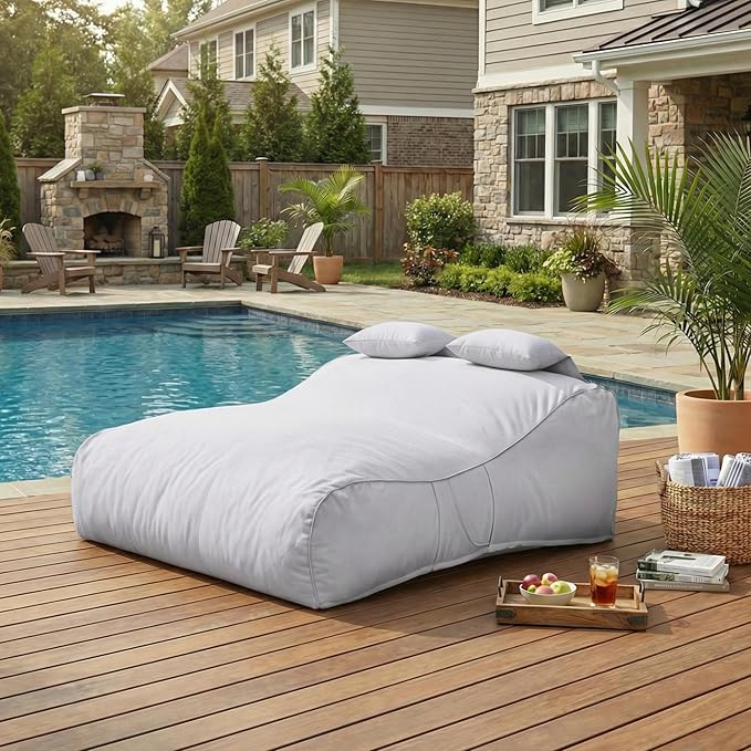 Merax Outdoor Bean Bag Chair Sun Lounger for 2 Adult, 73" Big Comfy Outdoor Bean Bag Daybed Couch with Headrest, Water-Resistant Fabric Patio Chaise Lounger Chair for Pool Balcony Beach Deck, Gray Merax