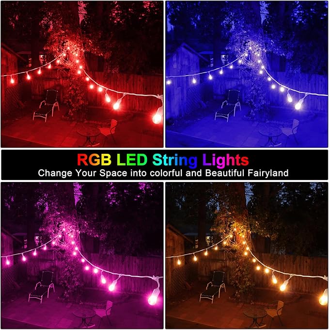 Mlambert 96Ft(2x48ft) Outdoor Patio Lights, RGB Cafe String Lights with Remote Control and 30+5 Dimmable LED Bulbs for Backyard Graden-White 2 Pack Mlambert