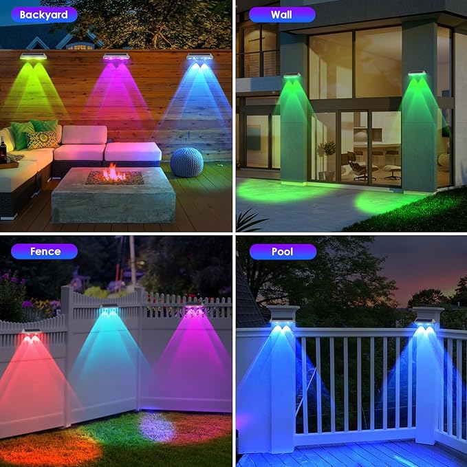 8 Pack Solar Fence Lights Outdoor - Warm White & RGB 6 Color, Dusk to Dawn Deck Light, Solar Powered Light Outdoor IP65 Waterproof, Solar Garden Lights for Outside/Backyard/Railing/Step/Patio/Wall LIANGLOME