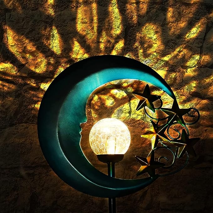 Stars Moon Solar Lights Outdoor - Solar Powered Garden Lights Decorative Crackle Glass Globe Led Waterproof Landscape Lighting for Pathway,Yard,Lawn,Patio SunsGiftNighttimeBliss
