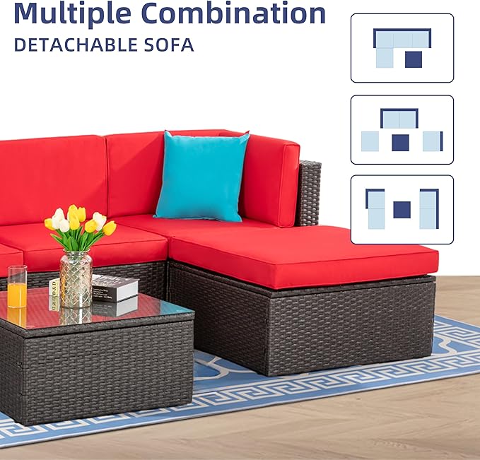 Vongrasig 5 Pieces Small Patio Furniture Sets, All-Weather Outdoor Sectional Patio Sofa Wicker Rattan Patio Seating Sofas with Cushion and Glass Table (Red) Vongrasig