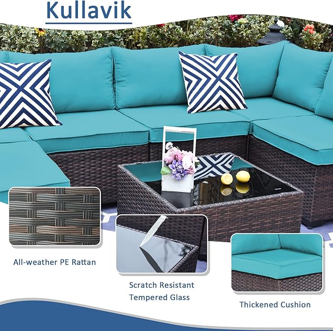 Kullavik 7 Pieces Outdoor Patio Furniture Set PE Wicker Rattan Sectional Sofa Patio Conversation Sets,Blue KULLAVIK