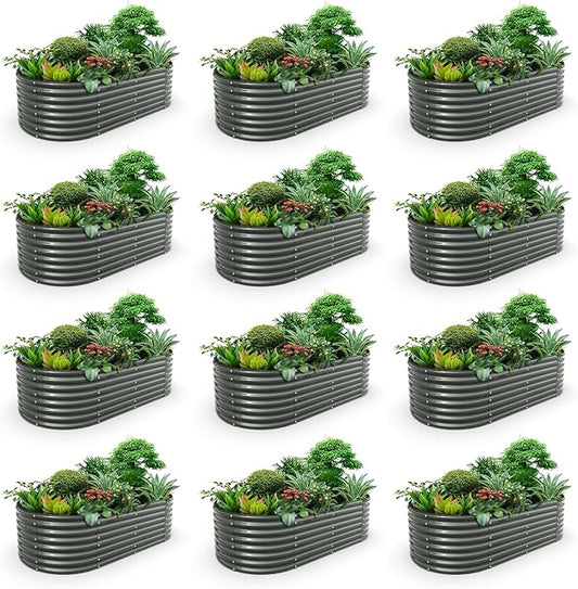 A ANLEOLIFE 12-Set 8X4X2 ft Galvanized Raised Garden Bed Kit, Oval Metal Deep Root Planters for Outdoor Plants, Quartz Grey AAnleolife
