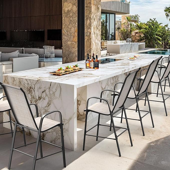 VINGLI Outdoor Bar Chairs Set of 8 – Stackable Outdoor Bar Stools with Sturdy Sling High Back and Armrests for Lawn, Courtyard, Garden, Bar, Yellow VINGLI