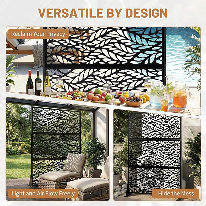 VINGLI Privacy Fence Panels, 72H’’ x 47W’’ Metal Privacy Screen Freestanding, Decorative Privacy Panels for Patio Garden Pool, Outdoor & Indoor (Leaf) VINGLI