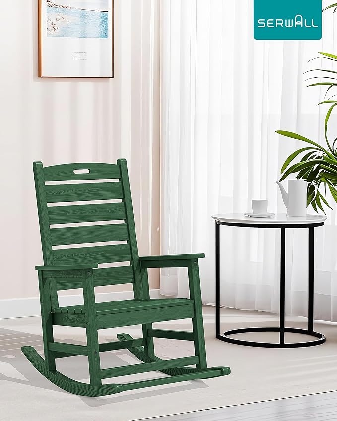 SERWALL Outdoor Rocking Chair, Oversized Rocking Chair with Footrest for Adults, HDPE All Weather Resistant Rocking Chairs for Patio, 350lbs Weight Capacity, Green SERWALL