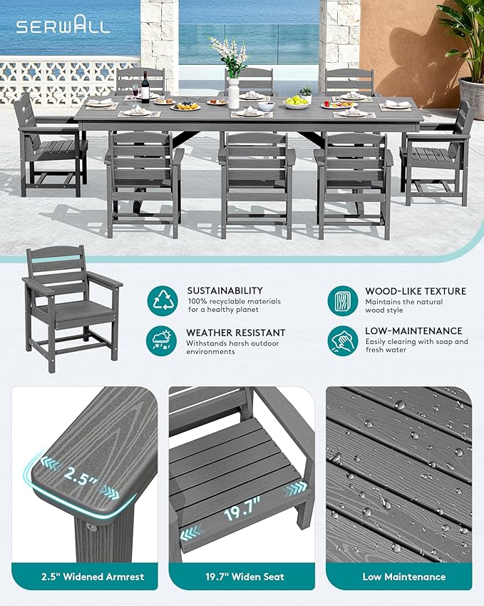 SERWALL 9 Piece Outdoor Dining Set, 84" HDPE Outdoor Table and Chairs for 8，All Weather Patio Furniture Set with Umbrella Hole for Backyard, Garden, Gray SERWALL