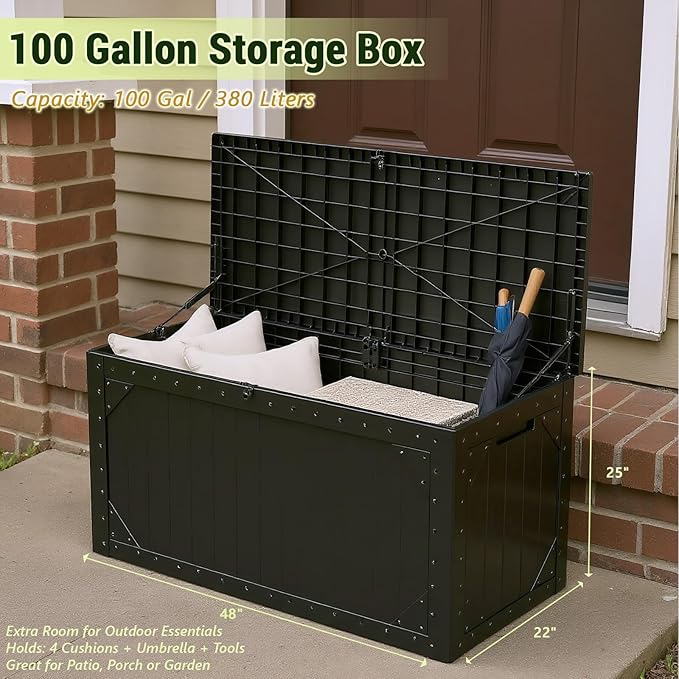 TARKARI 100 Gallon Lockable Resin Deck Box, Waterproof & UV-Resistant Outdoor Storage Box for Outdoor Cushion Storage, Garden Tools & Pool Accessories Storage, Black Home