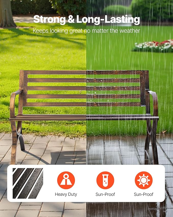 VEVOR Outdoor Bench, 50 inch, Carbon Steel Metal Frame with Slatted Pattern Backrest and Round Edge Armrests, Weatherproof Outside Bench for Patio, Garden, Park, Yard, Front Porch, Antique Bronze VEVOR