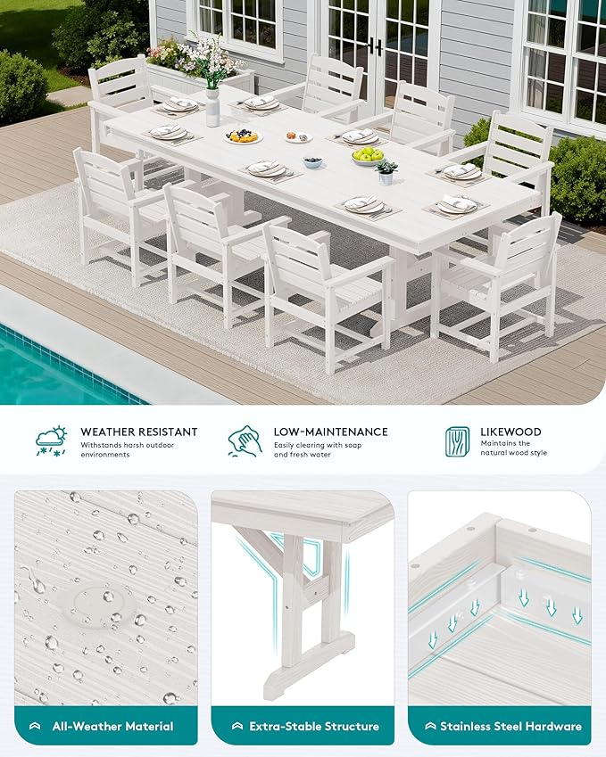SERWALL 9 Piece Outdoor Dining Set, 84" HDPE Outdoor Table and Chairs for 8，All Weather Patio Furniture Set with Umbrella Hole for Backyard, Garden, White SERWALL