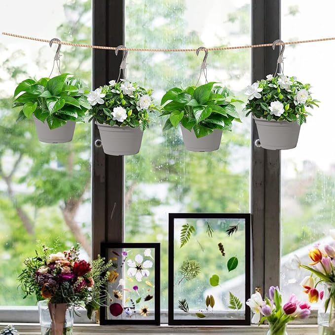 VIDELLY 4 Pcs Hanging Planters,10" Hanging Pots Plastic Hanging Flower Plant Basket with Drainage Trays & Chain Holder for Outdoor Indoor Plants Garden Balcony Decoration, Light Gray VIDELLY