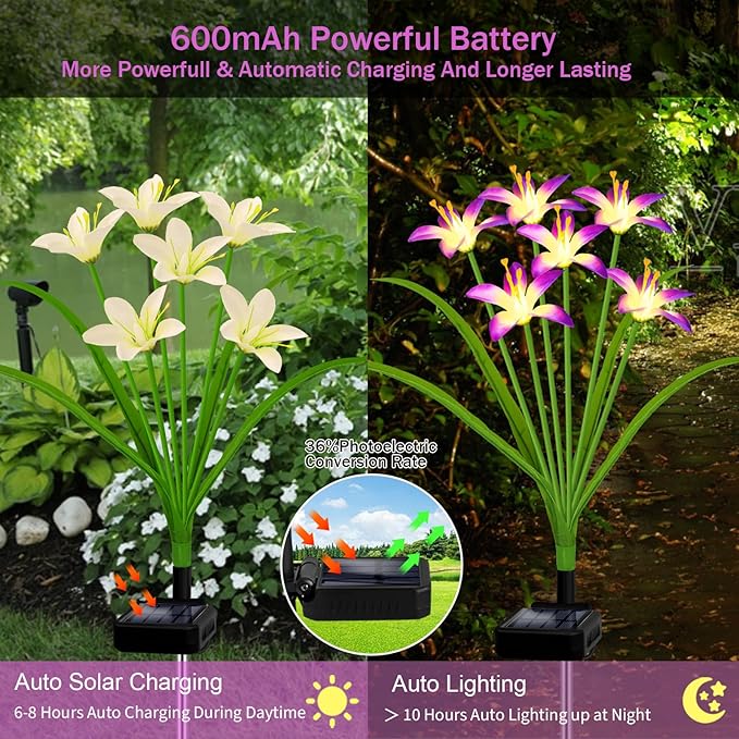 Solar Garden Lights New Upgraded Solar Wild Lily Flower Lights, Yard Patio Pathway Deco High Flexibility Copper Wire & Handmade Silk Artificial Flowers Never Wither, Gift for Family Friends stadeco