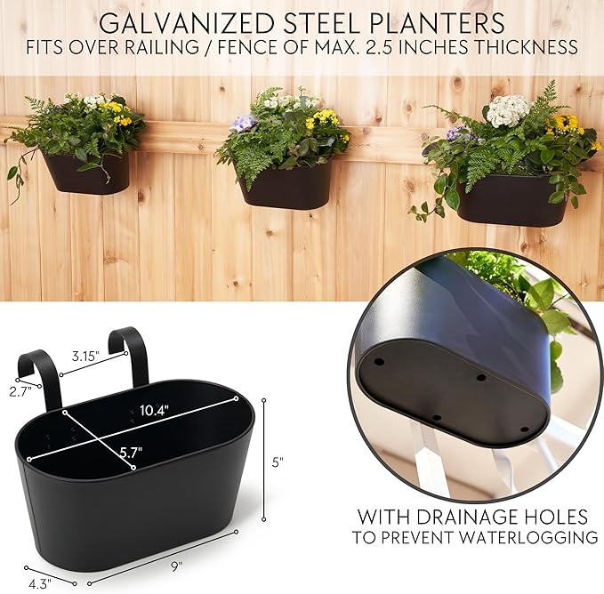 KIBAGA Beautiful Hanging Flower Pots for Outside Railing Or Fence - Stylish Set of 3 Outdoor Planters for Any Balcony, Porch or Deck - Window Planter Boxes are Perfect for Your Flowers KIBAGA