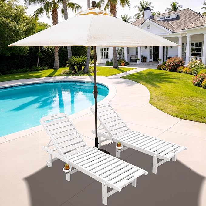 SERWALL Outdoor Chaise Lounge Set of 2 with 9FT Patio Umbrella, HDPE Pool Lounge Chair with 5-Position Adjustable Backrest, Patio Lounger with Rolling Wheels & Cup Holder for Pool, White SERWALL