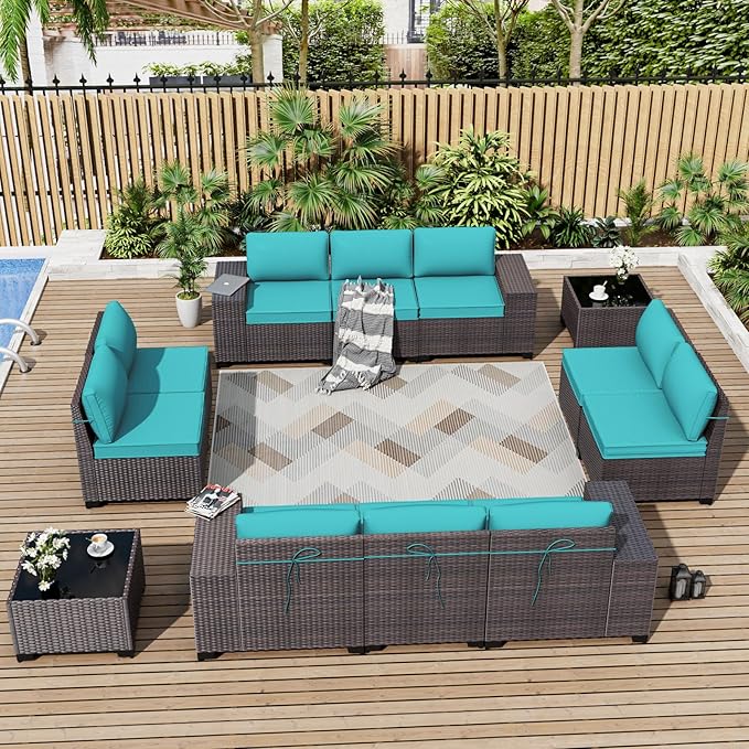 ALAULM 12 Pieces Outdoor Patio Furniture Set Sectional Sofa Sets Brown PE Rattan Patio Conversation Set w/10 Turquoise Blue Seat Cushions and 2 Coffee Tables ALAULM