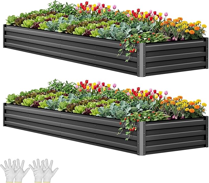 YITAHOME 12x4x1ft 2pcs Large Raised Garden Bed Kit, Galvanized Metal Planter Box with Gloves, Ground Nails, Support Rod, Outdoor Above Ground Planters for Plants Vegetables Flowers, Black YITAHOME