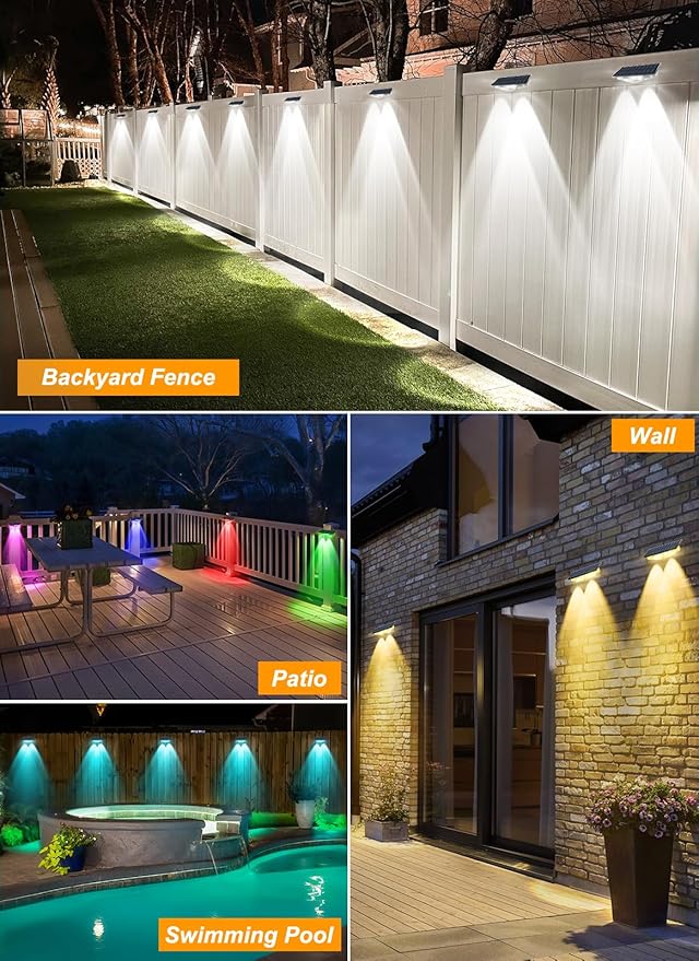 Solar Fence Lights, Fence Light Solar Powered with 6 RGB Colors & Warm White & Cool White, Waterproof Bright Backyard Fence Solar Outdoor Lights for Outside Deck Wall Step Patio Pool(12 Packs) CREPOW