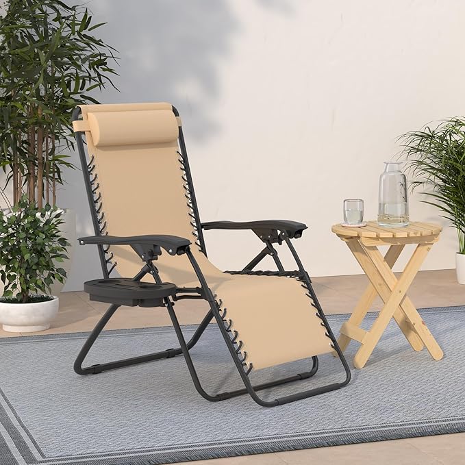 Best Choice Products Set of 2 Adjustable Steel Mesh Zero Gravity Lounge Chair Recliners w/Pillows and Cup Holder Trays - Sand BestChoiceProducts