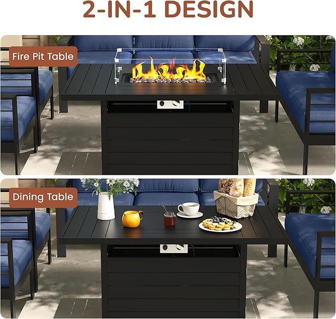 Solaste Aluminum Patio Furniture Set with Fire Pit Table, 4 Piece Metal Outdoor Furniture with Water-Resistant Cushions, Modern Patio Conversation Set for Balcony, Front Porch, and Backyard,Blue Solaste