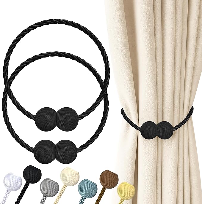 Hion Magnetic Curtain Tiebacks Black 2pcs, Curtain Tiebacks Buckles Holdbacks Holders Hooks Clip for Home Outdoor Bedroom Office Decorative Curtain Hion