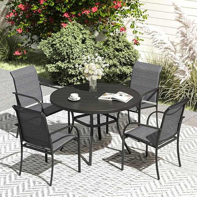 VICLLAX 5 Pieces Patio Dining Set, Outdoor Furniture Set Includes 41.2" Round Patio Table and 4 Patio Sling Chairs, Black Tabletop and Dark Grey Fabric HOME