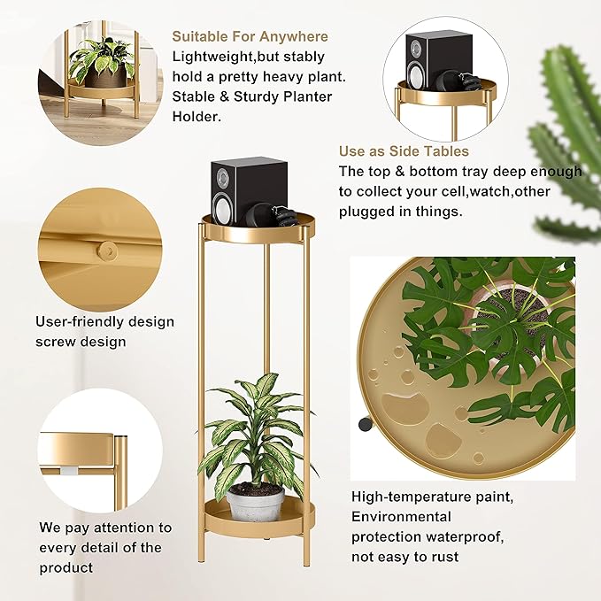 Metal Gold Tall Plant Stand Indoor or Outdoor - 30 inch 2 Tier Modern Corner Planter Shelf Rack with 2 Removable Display Shelves(10 inch) for Bedroom Living Room Balcony Philodwell