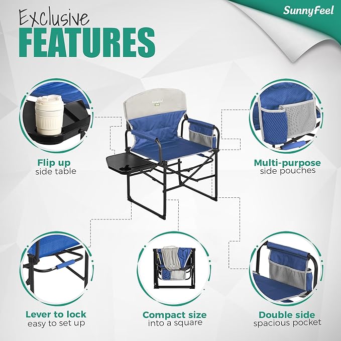 SUNNYFEEL Camping Directors Chair, Heavy Duty,Oversized Portable Folding Chair with Side Table, Pocket for Beach, Fishing,Trip,Picnic,Lawn,Concert Outdoor Foldable Camp Chairs SunnyFeelCamping