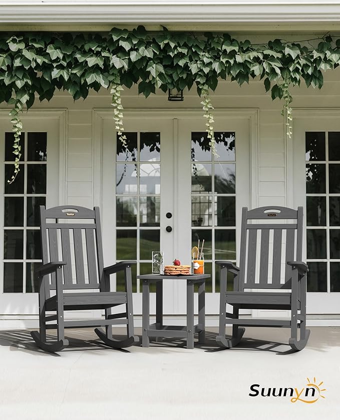 Oversized Outdoor Rocking Chairs Set of 4, High Back Porch Rocker Chair, HDPE All Weather Resistant Rocking Chairs for Patio, 380lbs Weight Capacity, Dark Grey Suunyn