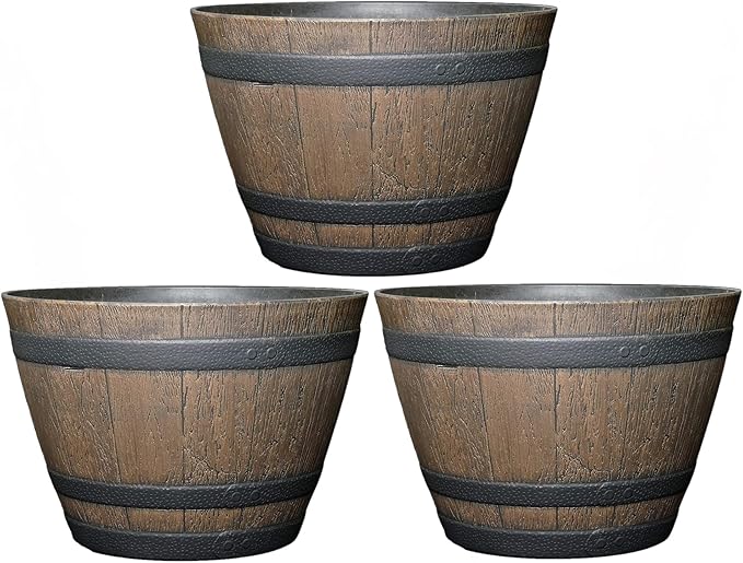Classic Home and Garden Whiskey Plastic Resin Flower Pot Barrel Planter, Walnut Brown, 20.5" (Pack of 3) ClassicHomeandGarden
