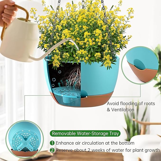 Hanging Planters for Indoor Plants, Set of 2 8/10 Inch Self-Watering Hanging Pots with Drainage Hole & Removable Water-Storage Tray II Screw-in Hooks Rootora