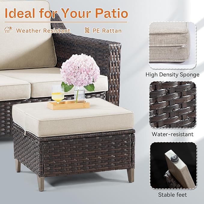 Joyside Patio Ottoman Set of 2, All Weather Outdoor Rattan Ottomans Patio Footstools with Removable Cushions for Garden Backyard Porch (Beige) Joyside