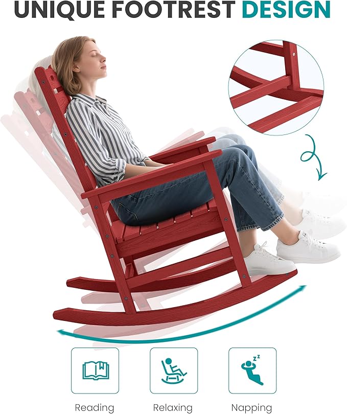 SERWALL Outdoor Rocking Chair, Oversized Rocking Chair with Footrest for Adults, HDPE All Weather Resistant Rocking Chairs for Patio, 350lbs Weight Capacity, Red SERWALL