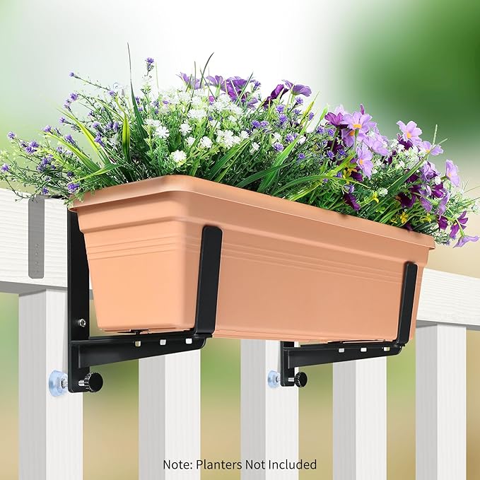 Window Box Brackets, Adjustable Planter Box Brackets, Heavy Duty Iron Flower Box Brackets for Railings, with Enhanced Bottom Support - Perfect for Balconies, Fences, and Gardens (Black, 6 Pack) VOXOR