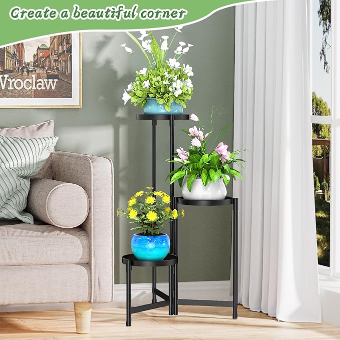 MOKANI Metal Plant Stand Indoor Outdoor for Multiple Plants, 3 Tiered Folding Corner Shelf Tall Flower Pot Holder Display Rack for Patio Living Room Balcony Garden, Black Mokani