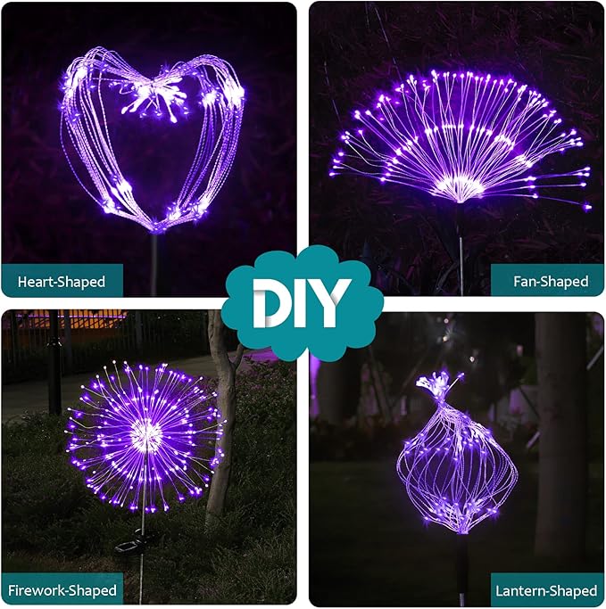 JJGoo Solar Firework Lights, 2 Pack 180 LEDs 2 Lighting Modes Solar Lights Outdoor Waterproof for Garden Patio Walkway Pathway Party Wedding Christmas Decorative - Purple JJGoo
