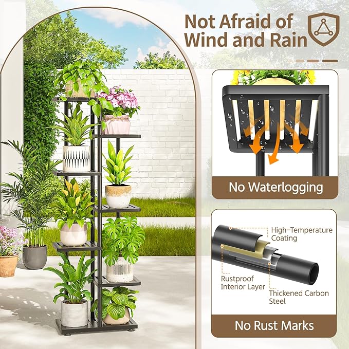 LASZOLA 6 Tier Plant Stand Indoors Outdoors for Large Heavy Duty Planter, Black Metal Tall Flower Holder Rack with Multiple Shelf for Modern Patio Corner, Vertical Organizer, Weather Resistant Bracket LASZOLA