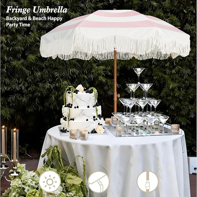 AMMSUN Boho Fringe Umbrella Outdoor Patio, 6.5ft UPF50+ Picnic Umbrella with Tassels with Steel Pole and Push Button Tilt, Pink Stripes AMMSUN